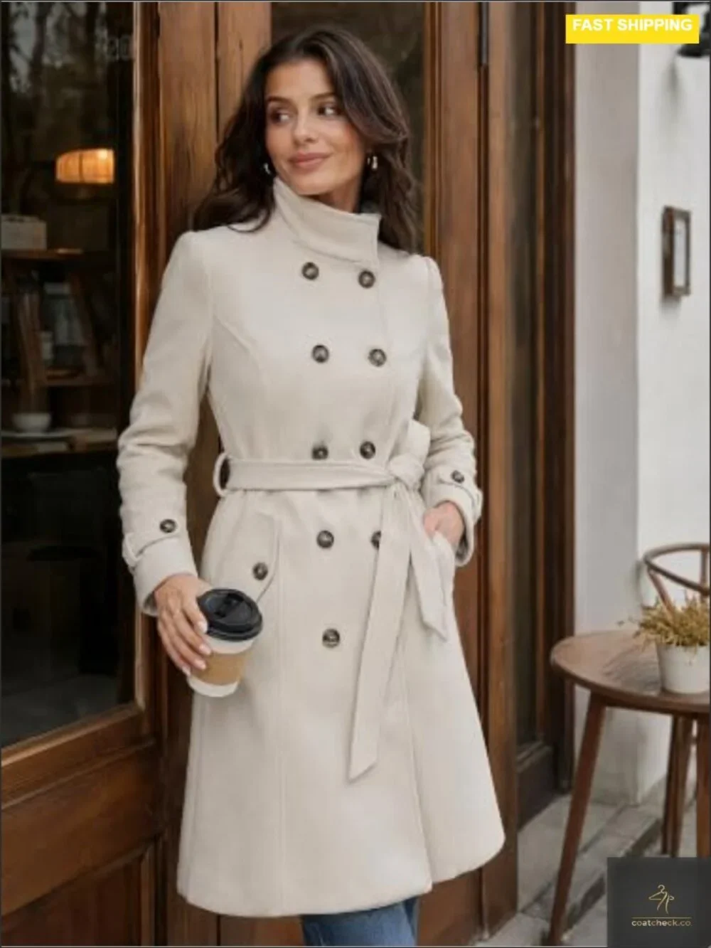 Women's Wool Pea Coat Double Breasted Winter Overcoat w/ Belt